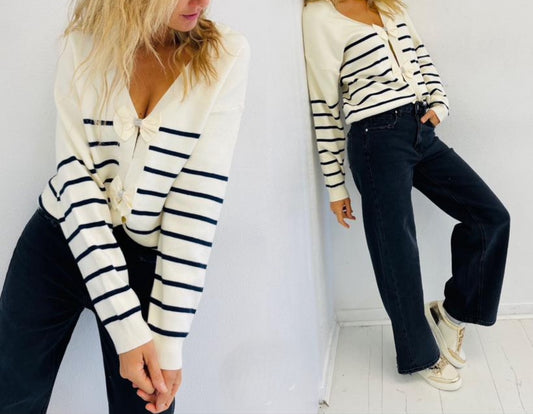 Pull Gilet Marinière Blanc - MARINA