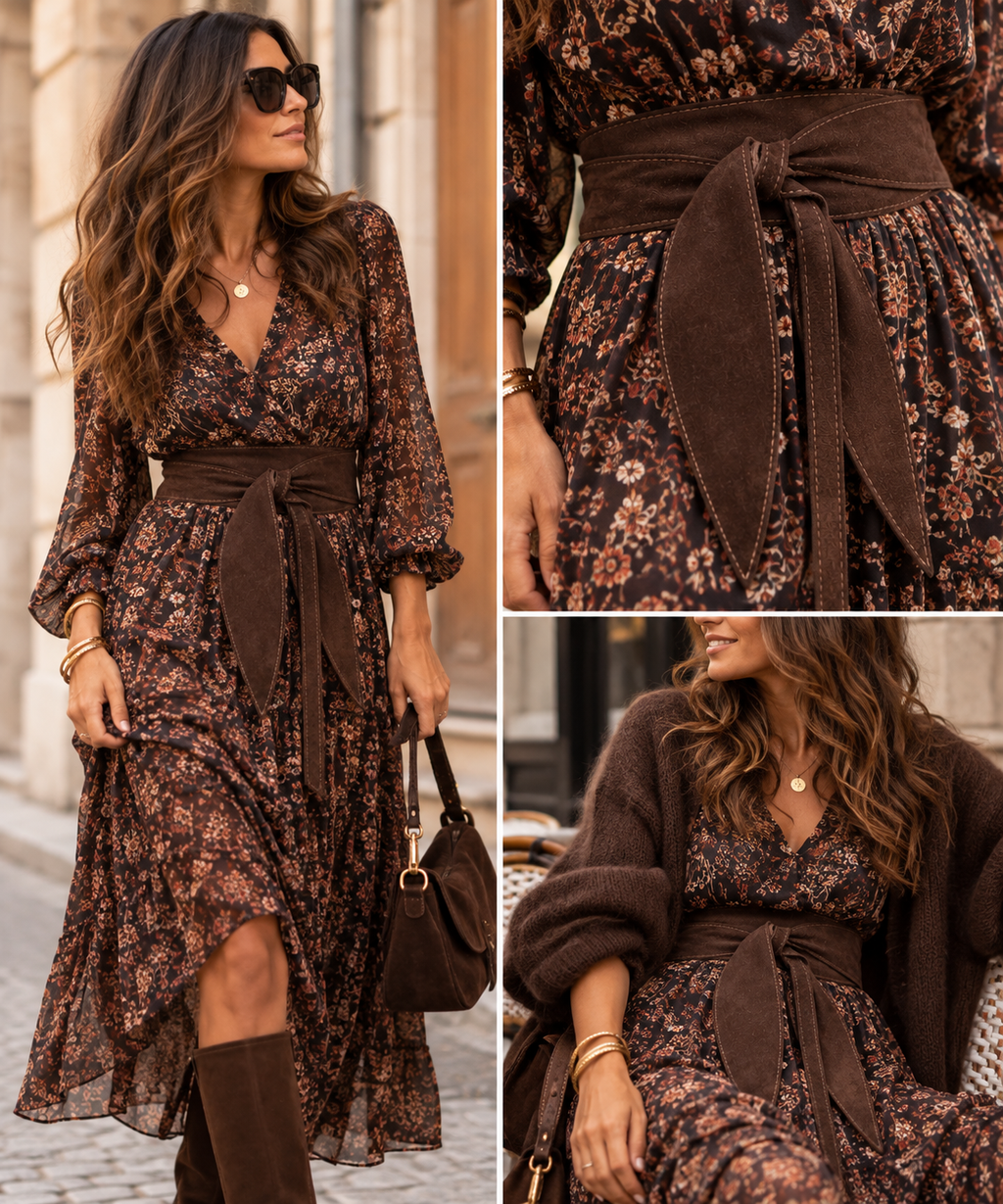 Ceinture cuir chocolat portée avec robe automne