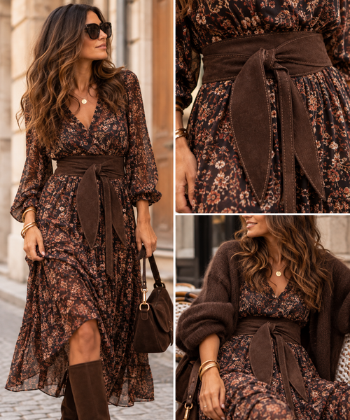 Ceinture cuir chocolat portée avec robe automne