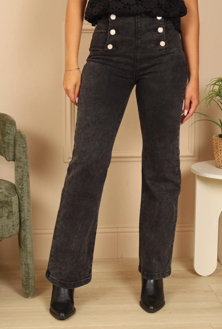 Jean Olga noir taille haute à 6 boutons - vue de face